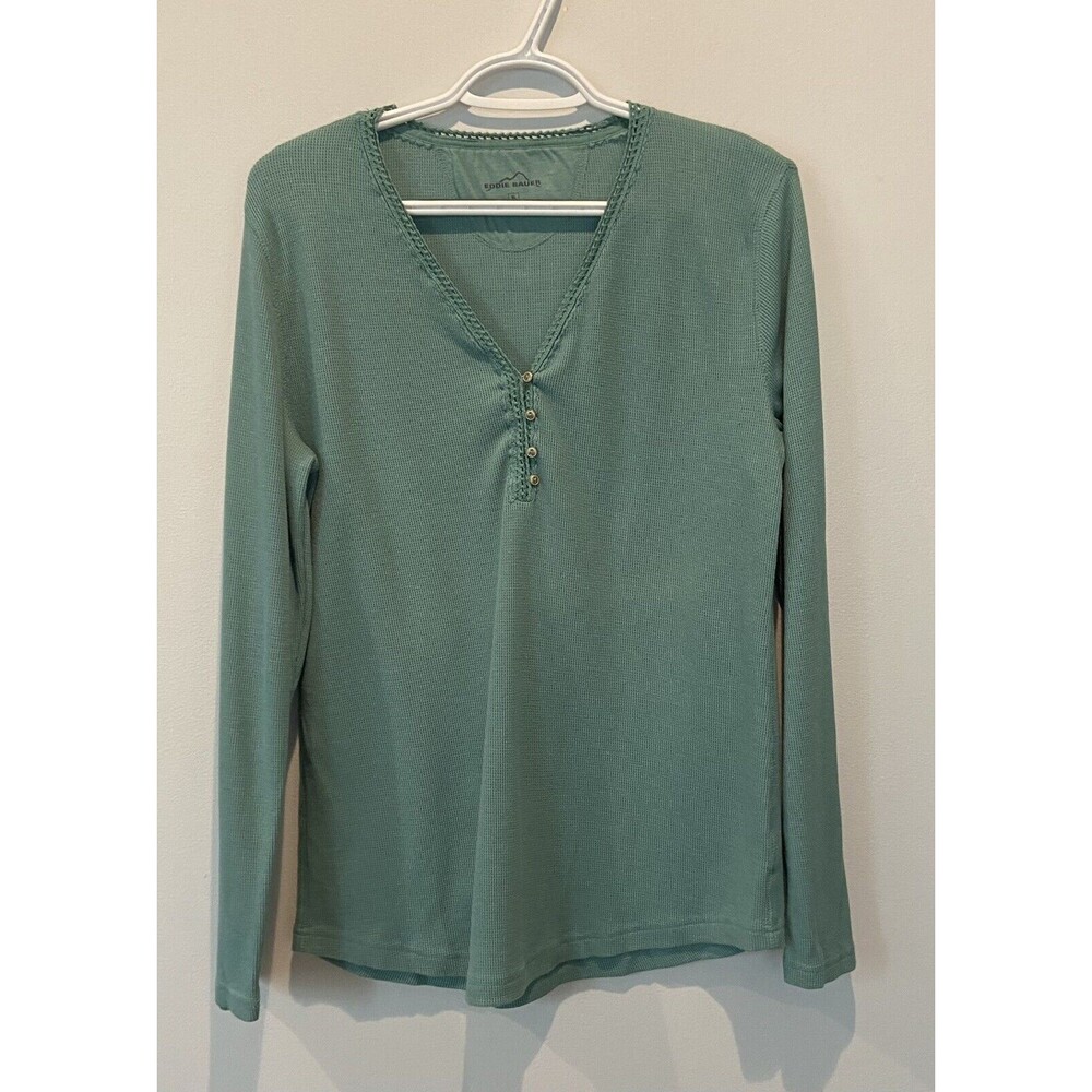 Eddie Bauer Top Womens X-Large Aqua Long Sleeve V Neck Waffle Knit Top. XL